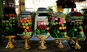 Fruit Baskets at Temple Await Blessing